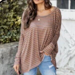 Pink Lily Sunshine In The Dark Brown and Black Striped Oversized Pullover